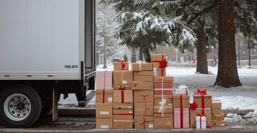 Large stack of Christmas gift boxes